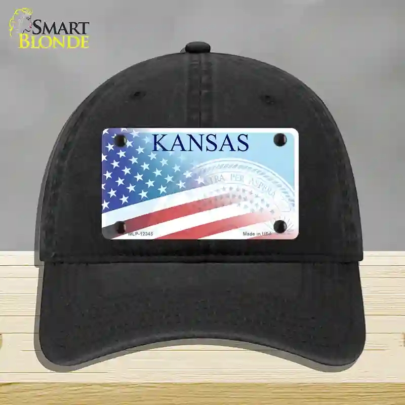 HAT07-MLP-12345 Kansas with American Flag Novelty License Plate Hat, Unconstructed Cotton - Black