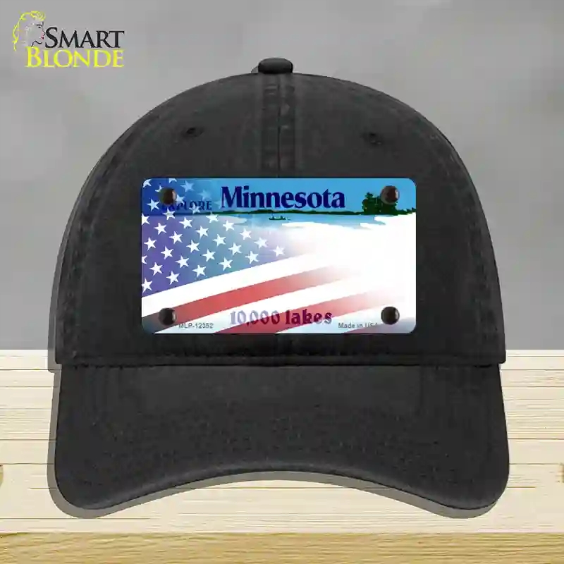 HAT07-MLP-12352 Minnesota with American Flag Novelty License Plate Hat, Unconstructed Cotton - Black