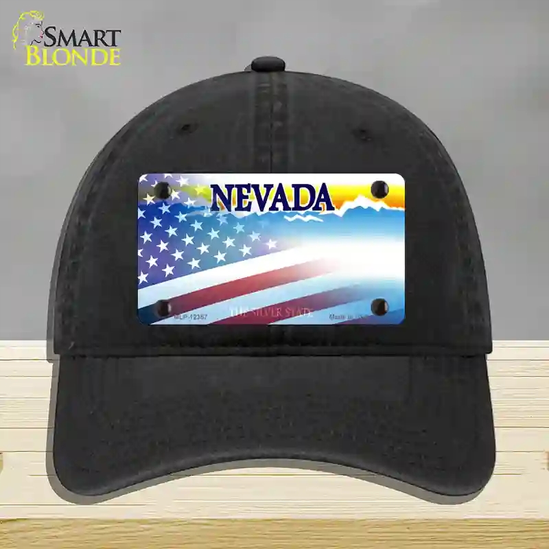 HAT07-MLP-12357 Nevada with American Flag Novelty License Plate Hat, Unconstructed Cotton - Black