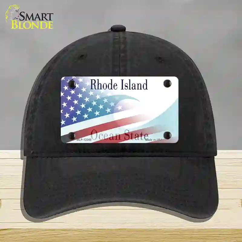 HAT07-MLP-12368 Rhode Island with American Flag Novelty License Plate Hat, Unconstructed Cotton - Black