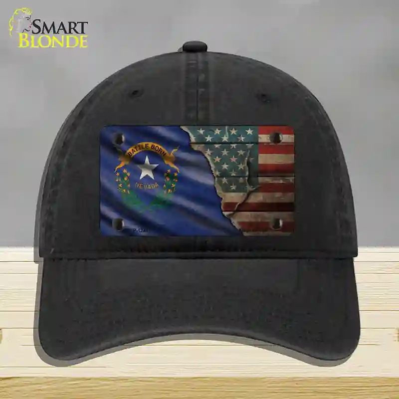 HAT07-MLP-12407 Nevada & American Flag Novelty License Plate Hat, Unconstructed Cotton - Black