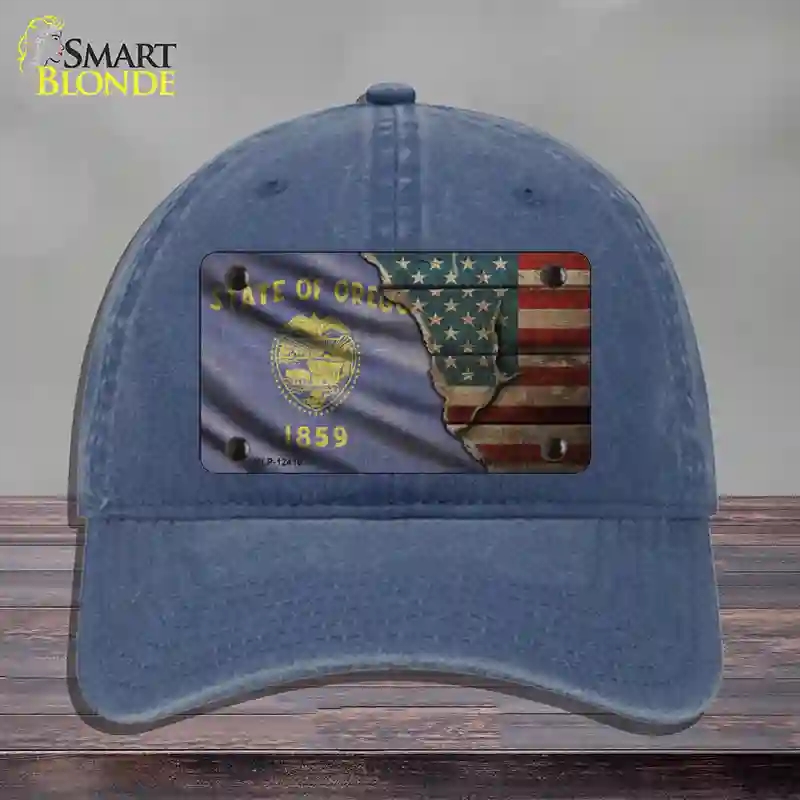 HAT11-MLP-12416 Oregon & American Flag Novelty License Plate Hat, Unconstructed Cotton - Navy