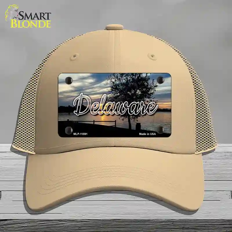 HAT15-MLP-11591 Delaware River Sunset State Novelty License Plate Hat, Mesh - Khaki