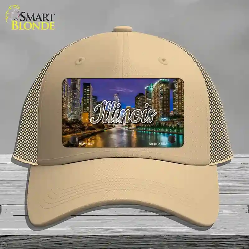 HAT15-MLP-11597 Illinois River City Lights State Novelty License Plate Hat, Mesh - Khaki