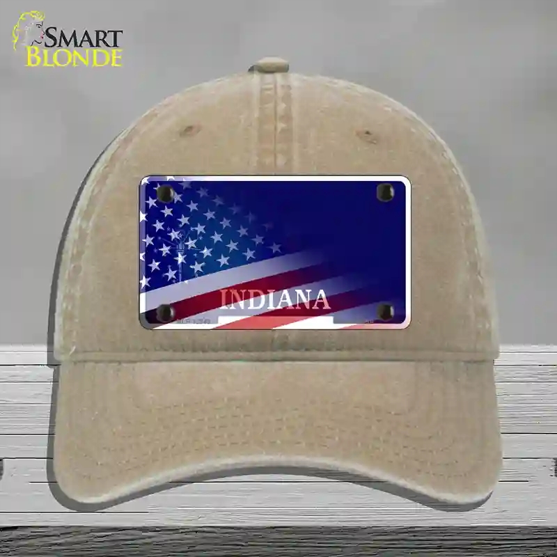 HAT09-MLP-12343 Indiana with American Flag Novelty License Plate Hat, Unconstructed Cotton - Khaki