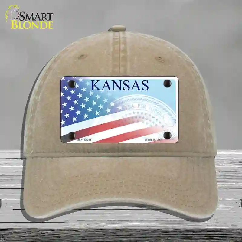 HAT09-MLP-12345 Kansas with American Flag Novelty License Plate Hat, Unconstructed Cotton - Khaki