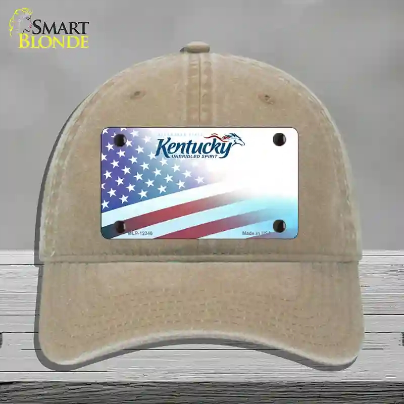 HAT09-MLP-12346 Kentucky with American Flag Novelty License Plate Hat, Unconstructed Cotton - Khaki