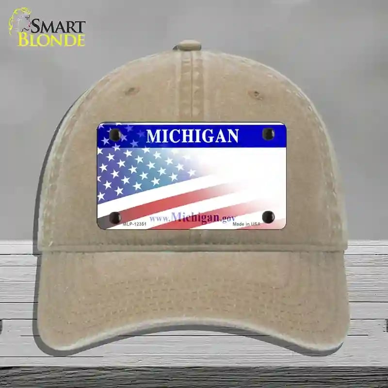 HAT09-MLP-12351 Michigan with American Flag Novelty License Plate Hat, Unconstructed Cotton - Khaki