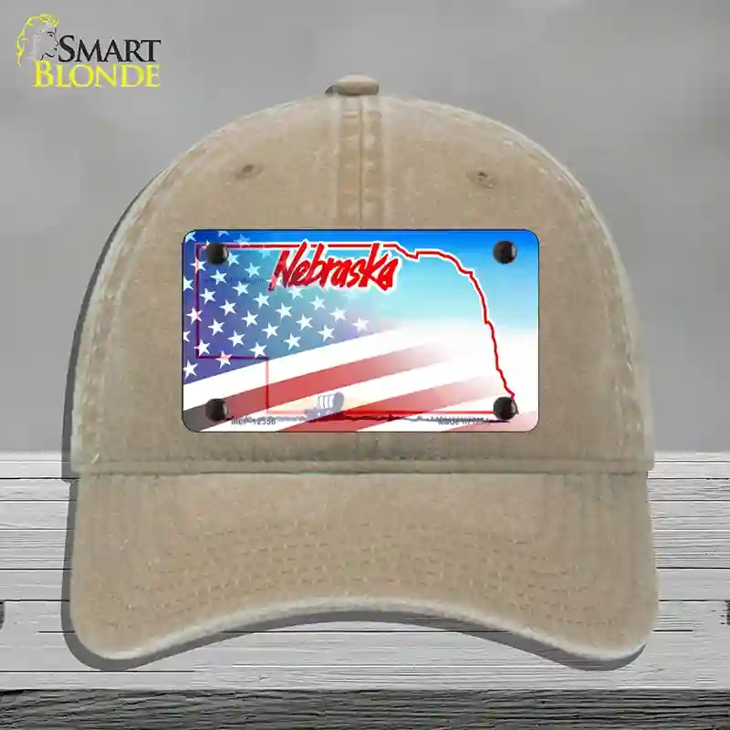 HAT09-MLP-12356 Nebraska with American Flag Novelty License Plate Hat, Unconstructed Cotton - Khaki