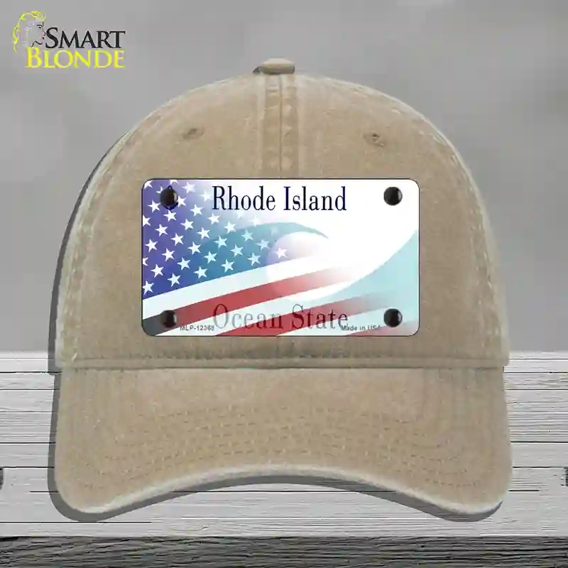 HAT09-MLP-12368 Rhode Island with American Flag Novelty License Plate Hat, Unconstructed Cotton - Khaki