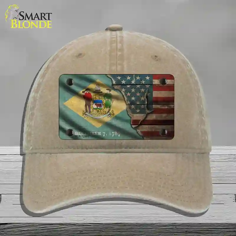 HAT09-MLP-12387 Delaware & American Flag Novelty License Plate Hat, Unconstructed Cotton - Khaki