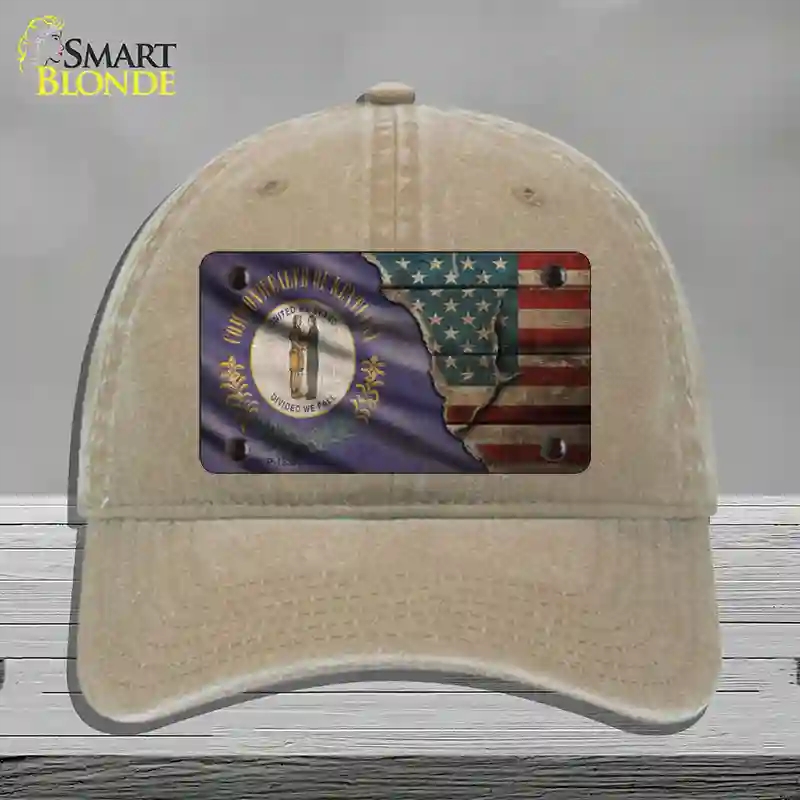 HAT09-MLP-12396 Kentucky & American Flag Novelty License Plate Hat, Unconstructed Cotton - Khaki
