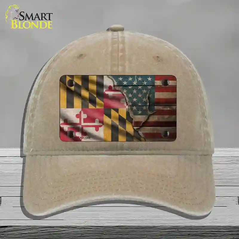 HAT09-MLP-12399 Maryland & American Flag Novelty License Plate Hat, Unconstructed Cotton - Khaki