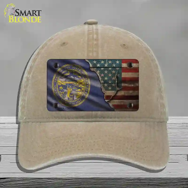 HAT09-MLP-12406 Nebraska & American Flag Novelty License Plate Hat, Unconstructed Cotton - Khaki