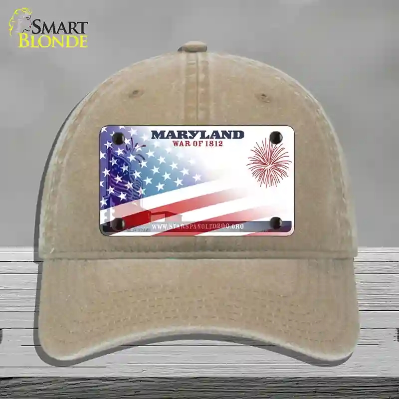 HAT09-MLP-12443 Maryland War American Flag Novelty License Plate Hat, Unconstructed Cotton - Khaki