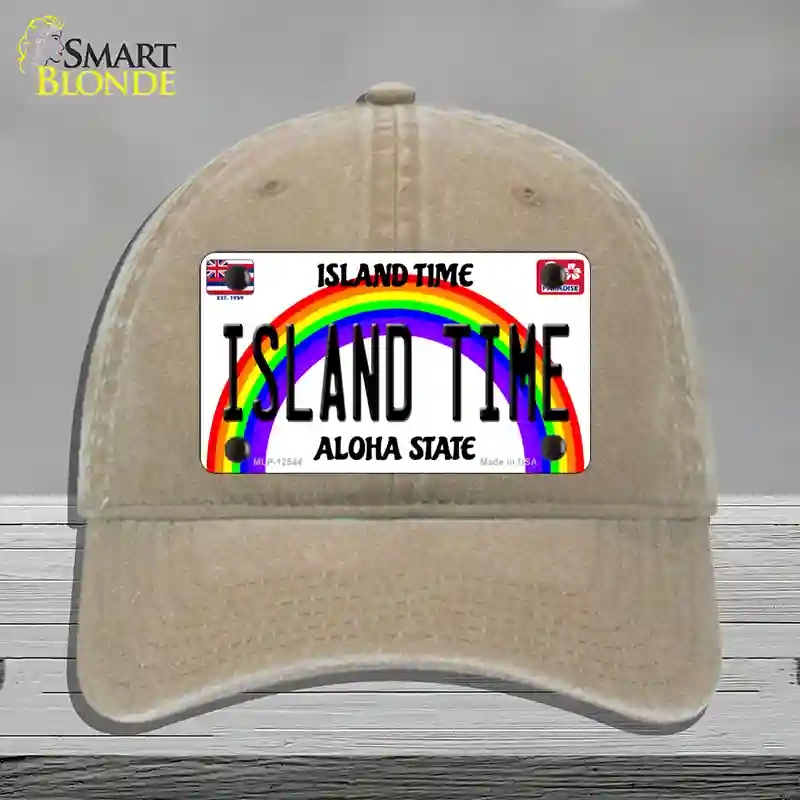 HAT09-MLP-12544 Island Time Hawaii Novelty License Plate Hat, Unconstructed Cotton - Khaki