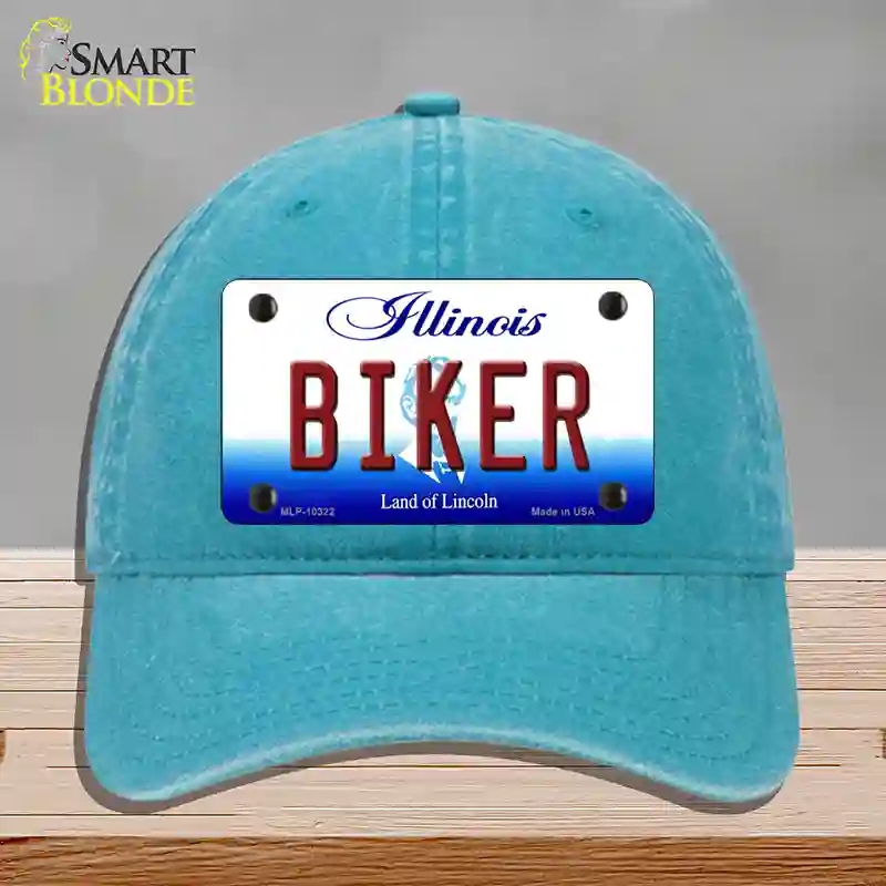 HAT10-MLP-10322 Biker Illinois Novelty License Plate Hat, Unconstructed Cotton - Lake Blue