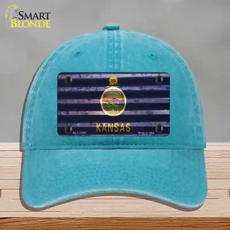 HAT10-MLP-11957 Kansas Corrugated Flag Novelty License Plate Hat, Unconstructed Cotton - Lake Blue