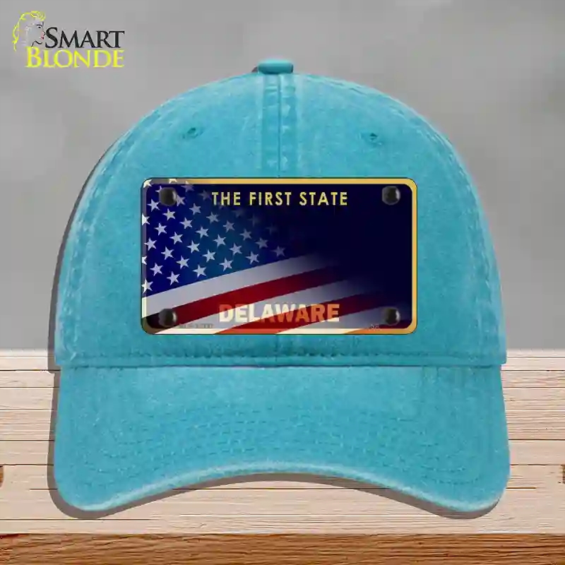 HAT10-MLP-12337 Delaware with American Flag Novelty License Plate Hat, Unconstructed Cotton - Lake Blue