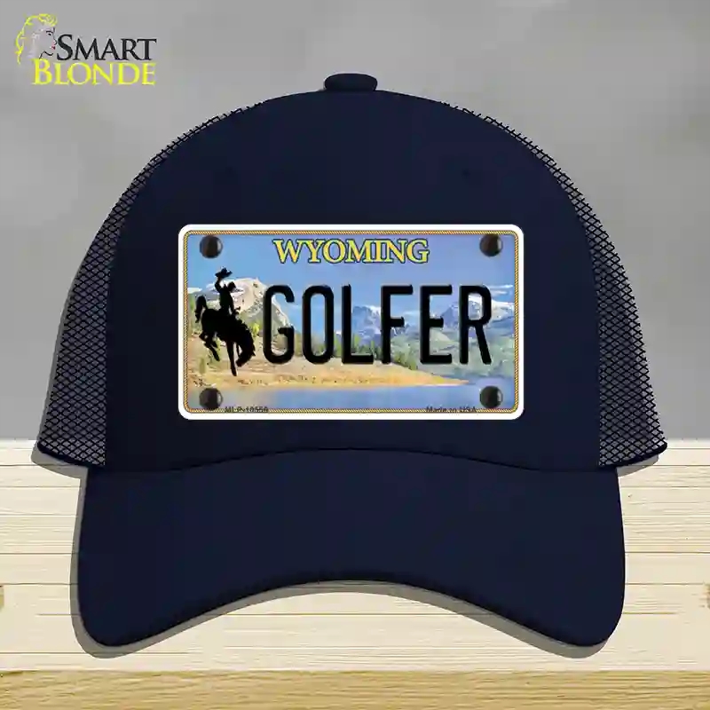 HAT16-MLP-10556 Golfer Wyoming Novelty License Plate Hat, Mesh - Navy