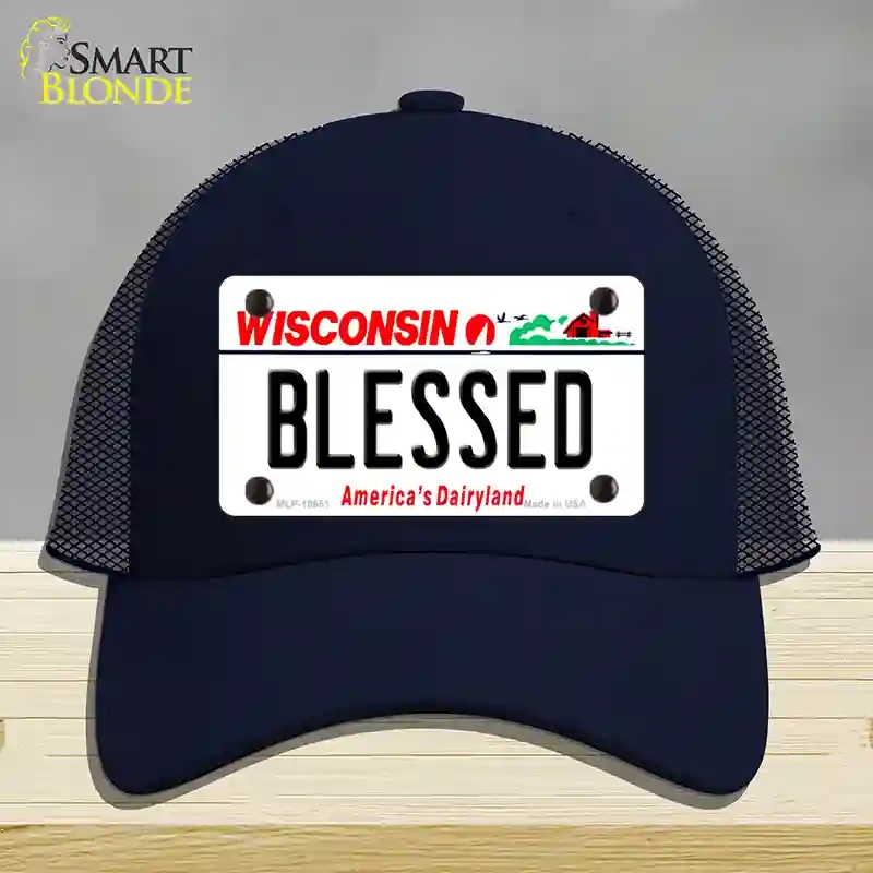 HAT16-MLP-10651 Blessed Wisconsin Novelty License Plate Hat, Mesh - Navy