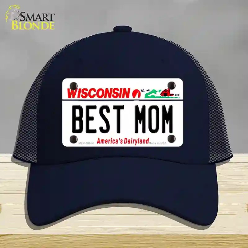 HAT16-MLP-10654 Best Mom Wisconsin Novelty License Plate Hat, Mesh - Navy