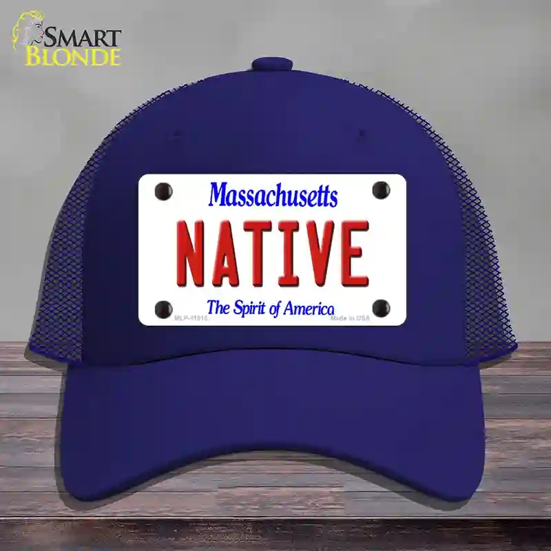 HAT18-MLP-11010 Native Massachusetts Novelty License Plate Hat, Mesh - Royal Blue
