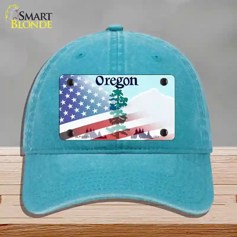 HAT10-MLP-12366 Oregon with American Flag Novelty License Plate Hat, Unconstructed Cotton - Lake Blue