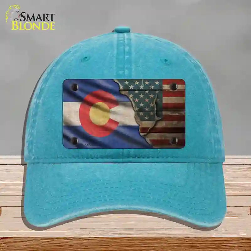 HAT10-MLP-12385 Colorado & American Flag Novelty License Plate Hat, Unconstructed Cotton - Lake Blue
