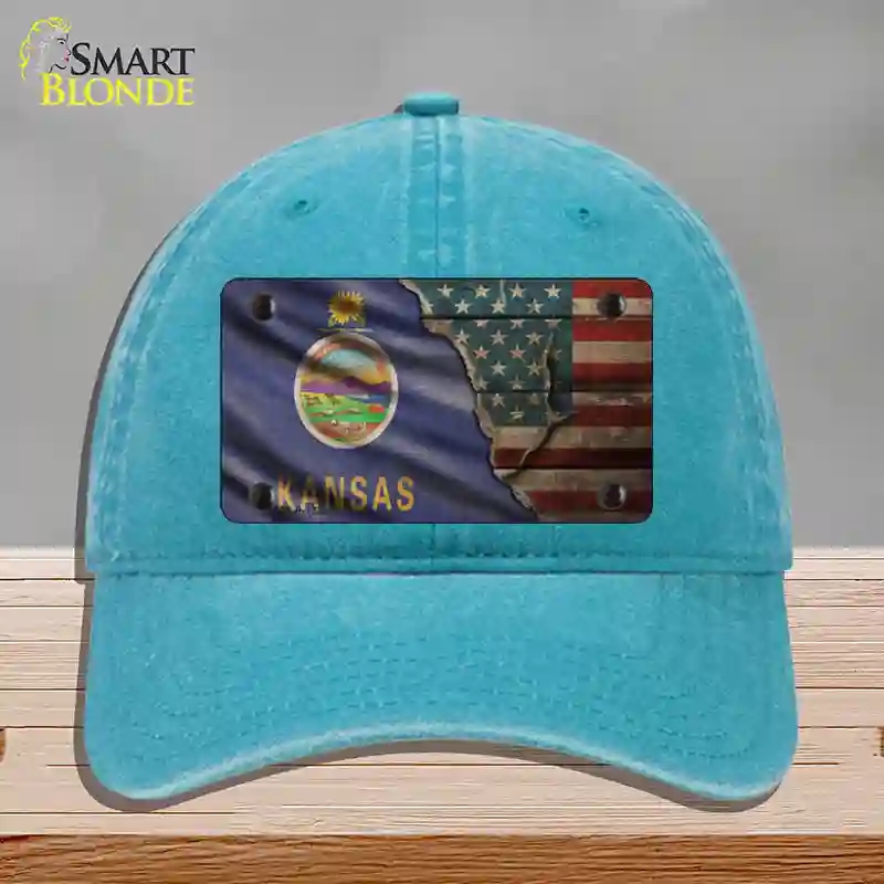 HAT10-MLP-12395 Kansas & American Flag Novelty License Plate Hat, Unconstructed Cotton - Lake Blue