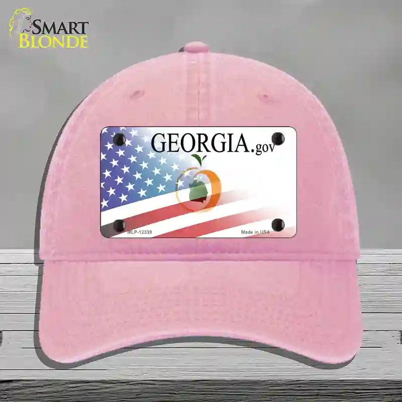 HAT12-MLP-12339 Georgia with American Flag Novelty License Plate Hat, Unconstructed Cotton - Pink