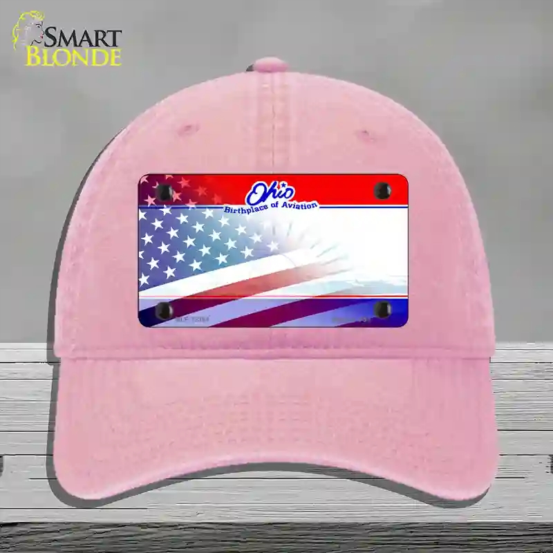 HAT12-MLP-12364 Ohio with American Flag Novelty License Plate Hat, Unconstructed Cotton - Pink