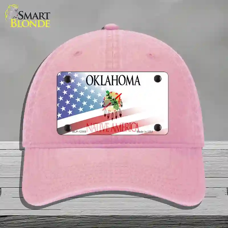 HAT12-MLP-12365 Oklahoma with American Flag Novelty License Plate Hat, Unconstructed Cotton - Pink