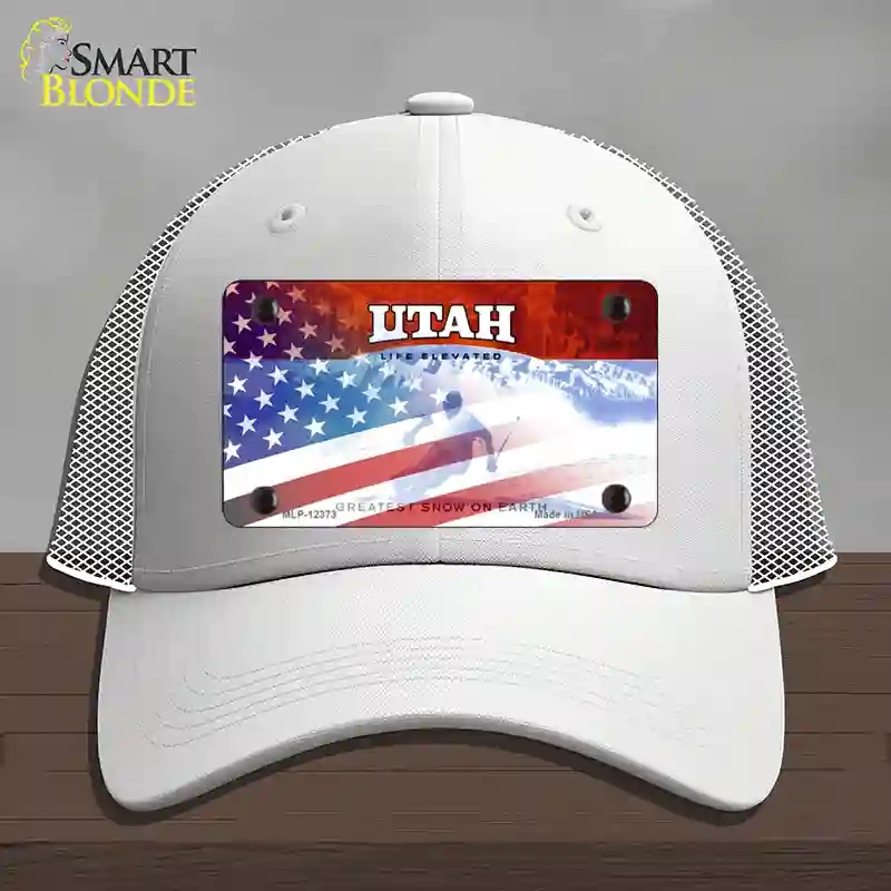 HAT19-MLP-12373 Utah with American Flag Novelty License Plate Hat, Mesh - White