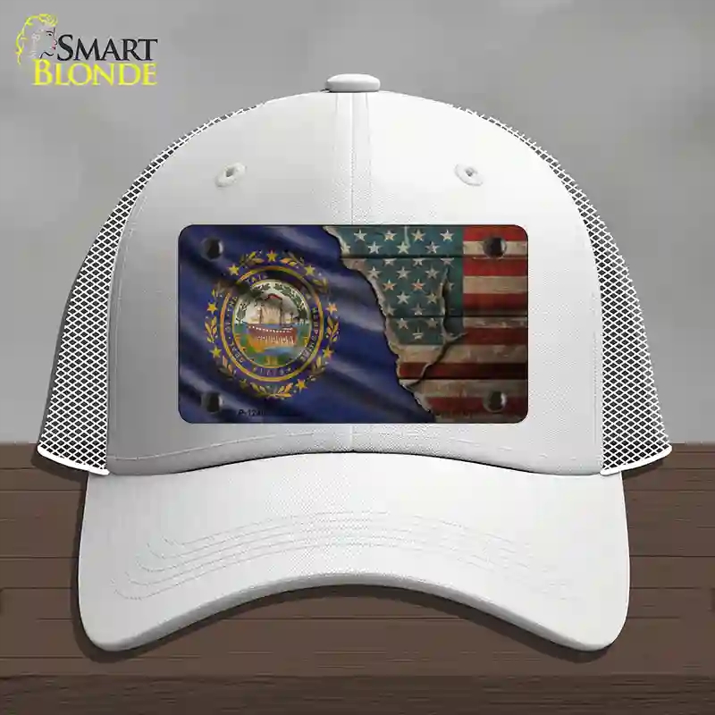 HAT19-MLP-12408   Hampshire & American Flag Novelty License Plate Hat, Mesh - White