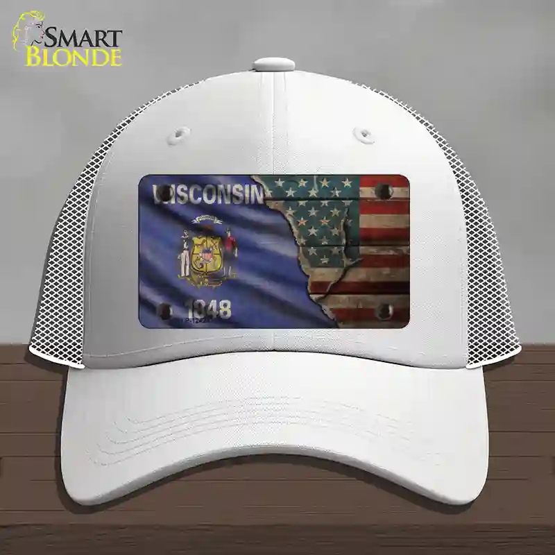 HAT19-MLP-12428 Wisconsin & American Flag Novelty License Plate Hat, Mesh - White