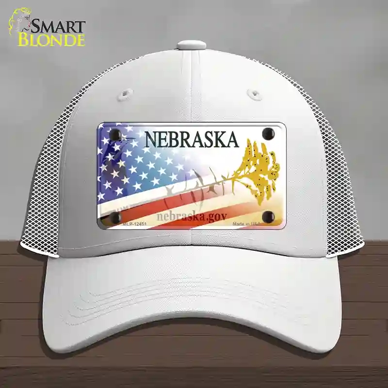 HAT19-MLP-12451 Nebraska American Flag Novelty License Plate Hat, Mesh - White