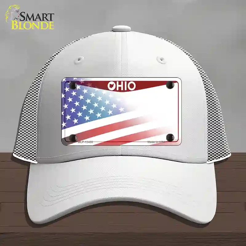 HAT19-MLP-12456 Ohio State American Flag Novelty License Plate Hat, Mesh - White