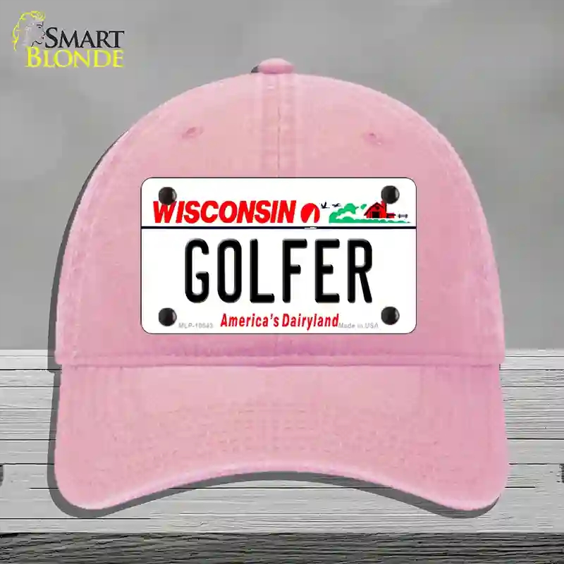 HAT12-MLP-10643 Golfer Wisconsin Novelty License Plate Hat, Unconstructed Cotton - Pink