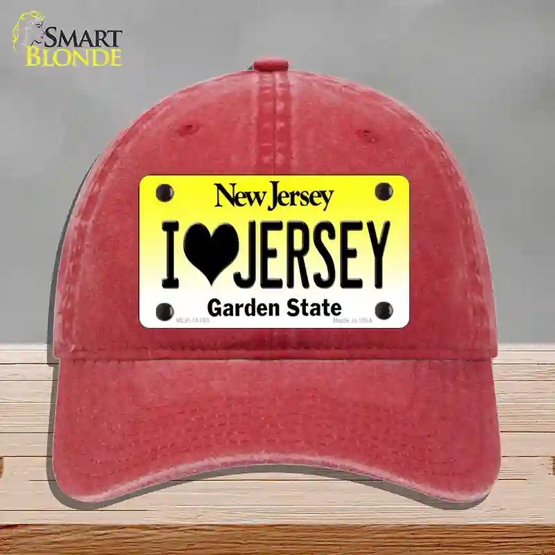 HAT13-MLP-10155 I Love Jersey   Jersey Novelty License Plate Hat, Unconstructed Cotton - Red