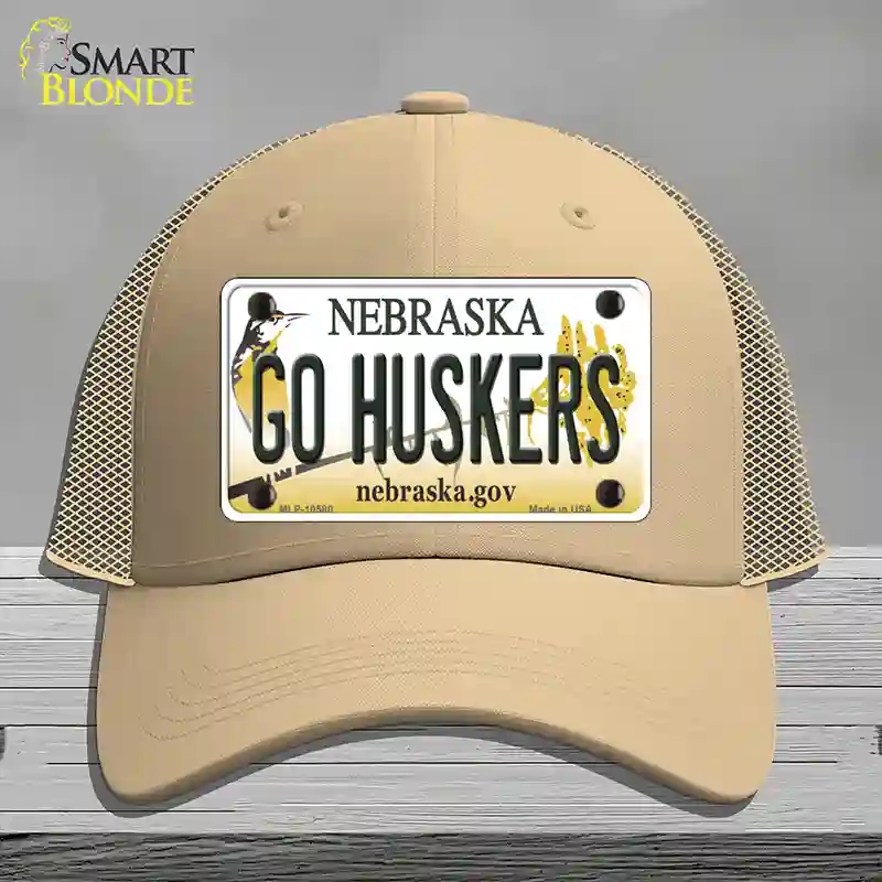 HAT15-MLP-10580 Go Huskers Nebraska Novelty License Plate Hat, Mesh - Khaki
