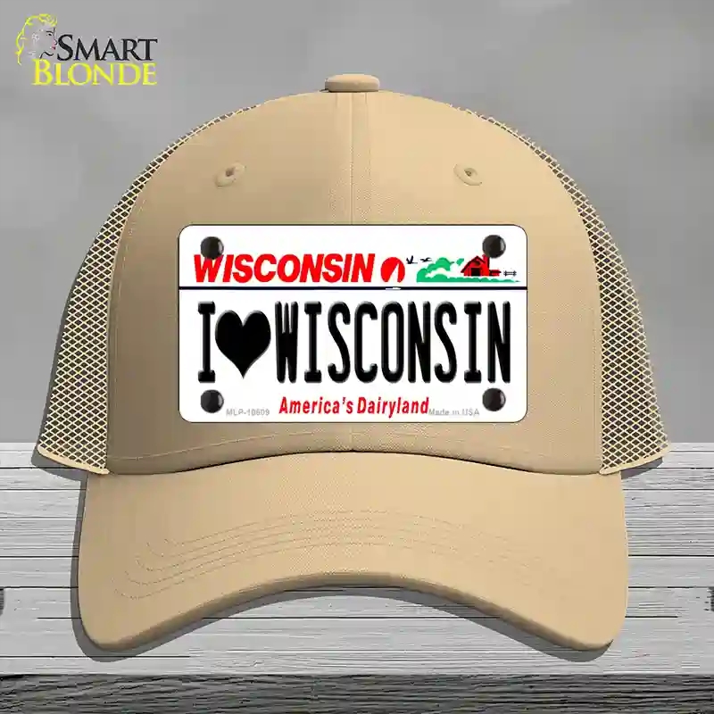 HAT15-MLP-10609 I Love Wisconsin Novelty License Plate Hat, Mesh - Khaki