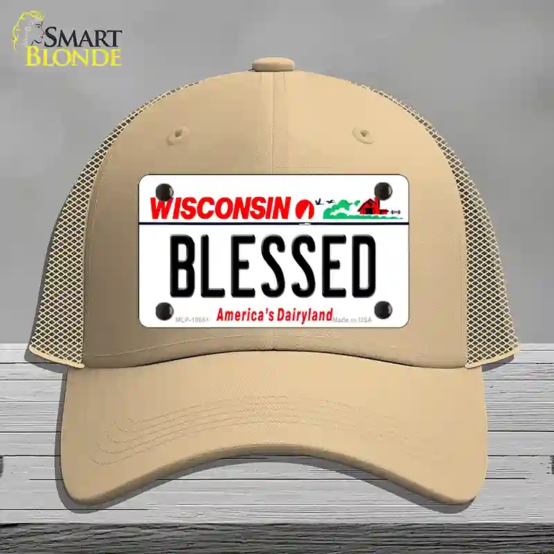 HAT15-MLP-10651 Blessed Wisconsin Novelty License Plate Hat, Mesh - Khaki