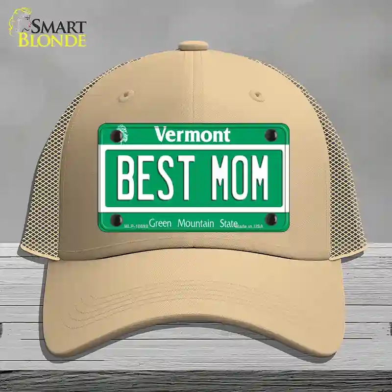 HAT15-MLP-10698 Best Mom Vermont Novelty License Plate Hat, Mesh - Khaki