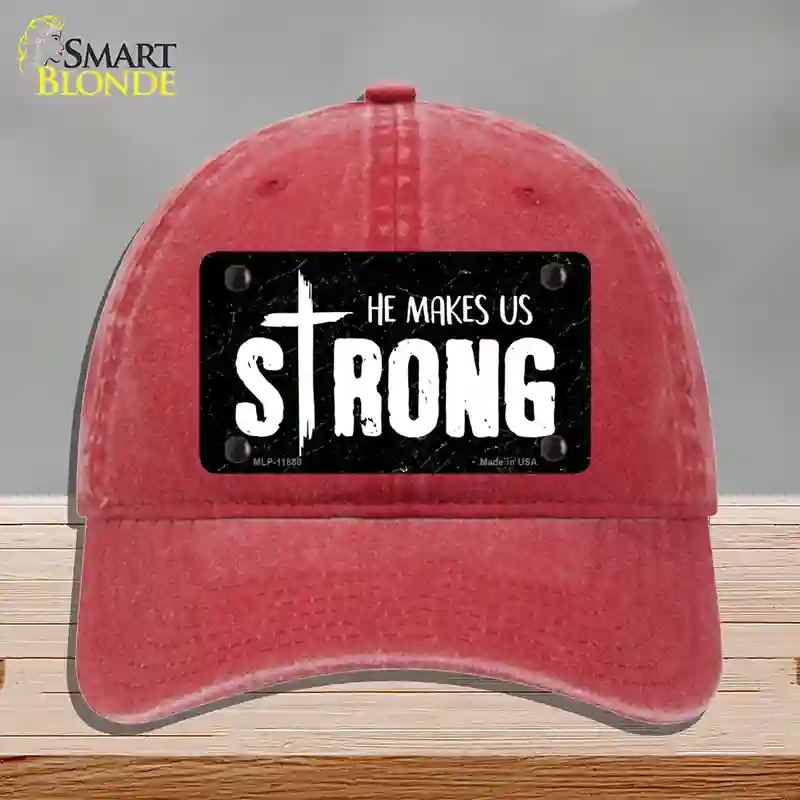 HAT13-MLP-11880 He Makes Us Strong Novelty License Plate Hat, Unconstructed Cotton - Red