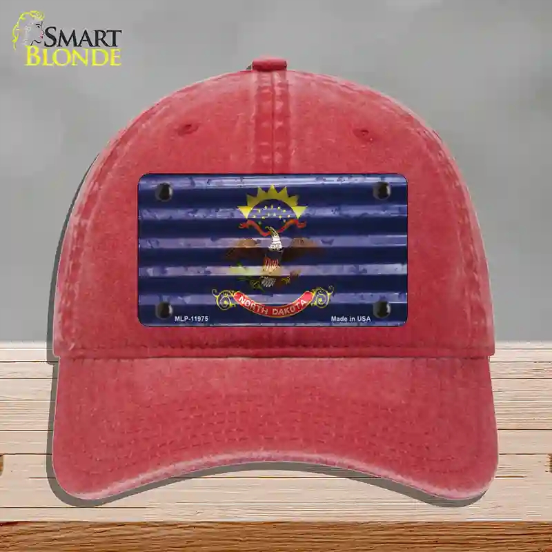 HAT13-MLP-11975 North Dakota Corrugated Flag Novelty License Plate Hat, Unconstructed Cotton - Red