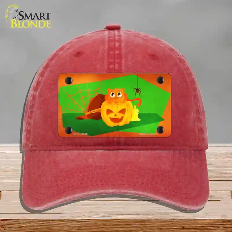 HAT13-MLP-12048 Pumpkin Kitty Novelty License Plate Hat, Unconstructed Cotton - Red