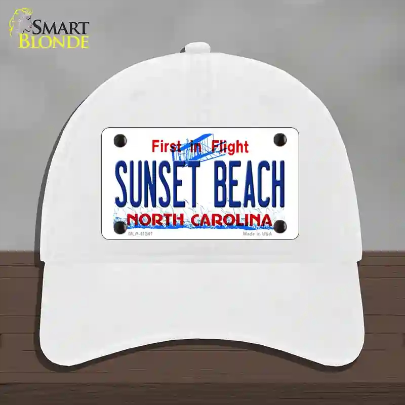 HAT14-MLP-11247 Sunset Beach North Carolina State Novelty License Plate Hat, Unconstructed Cotton - White