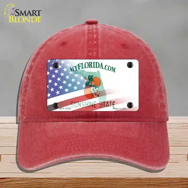 HAT13-MLP-12338 Florida with American Flag Novelty License Plate Hat, Unconstructed Cotton - Red