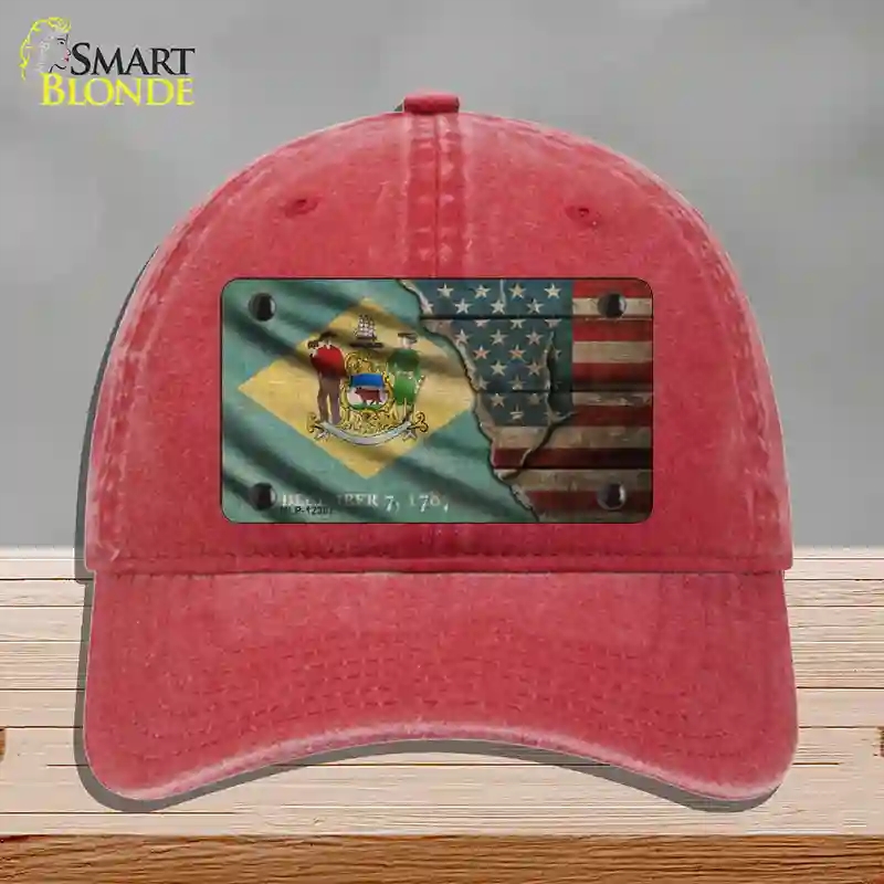 HAT13-MLP-12387 Delaware & American Flag Novelty License Plate Hat, Unconstructed Cotton - Red